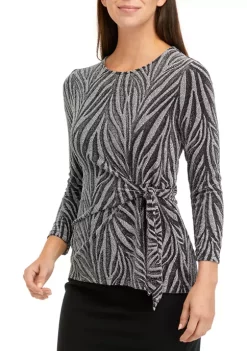 Budget ✔️ Kasper 👩 Women's 3/4 Sleeve Metallic Knit Zebra Side Tie Top 😉 -Southern Home Sales Shop Belk 1030