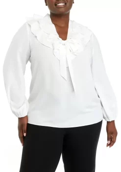 Top 10 🎉 Kasper Plus Size Long Ruffle Front Solid Chiffon Blouse ❤️