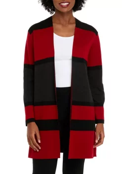 Discount ❤️ Kasper 👩 Women's Long Sleeve Color Block Open Front Sweater 🛒 -Southern Home Sales Shop Belk 1174