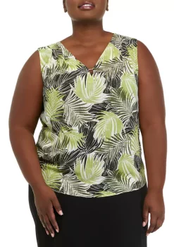 Outlet ✨ Kasper Plus Size Sleeveless V-Neck Bar Trim Palm Print Top 🔥 -Southern Home Sales Shop Belk 1194