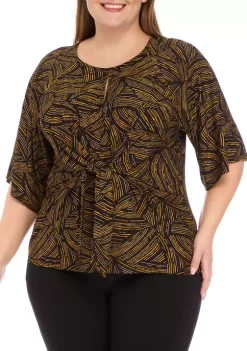 Best deal šÆ Kasper Plus Size 3/4 Sleeve Tie Front Abstract Foil Print Top āļø