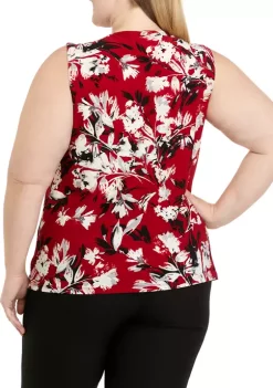 Deals 👍 Kasper Plus Size Fire Red Sleeveless Pleat Neck Floral Printed Top 😍 -Southern Home Sales Shop Belk 1333