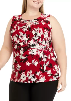 Deals 👍 Kasper Plus Size Fire Red Sleeveless Pleat Neck Floral Printed Top 😍 -Southern Home Sales Shop Belk 1335