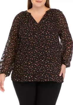 Budget 💯 Kasper Plus Size Animal Print V-Neck Blouse with Gathered Cuffs 🔔