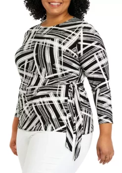 Coupon ❤️ Kasper Plus Size 3/4 Sleeve Stripe Print Side Knot Top 👏 -Southern Home Sales Shop Belk 1487