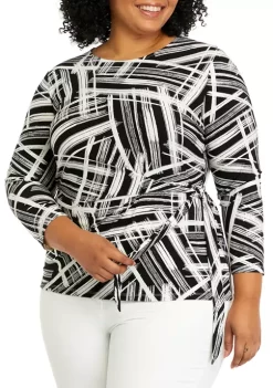 Coupon ❤️ Kasper Plus Size 3/4 Sleeve Stripe Print Side Knot Top 👏 -Southern Home Sales Shop Belk 1488