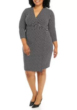 Cheap 🎁 Kasper Plus Size 3/4 Sleeve Geometric Printed Side Wrap 👗 Dress 😍 -Southern Home Sales Shop Belk 1492