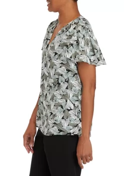 New 🥰 Kasper 👩 Women's V-Neck Flutter Sleeve Palm Print Woven Top 🎉 -Southern Home Sales Shop Belk 1502