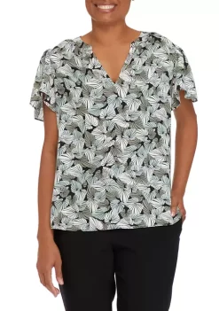New 🥰 Kasper 👩 Women's V-Neck Flutter Sleeve Palm Print Woven Top 🎉 -Southern Home Sales Shop Belk 1503