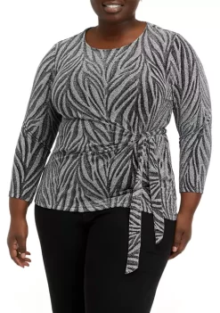 Cheapest ❤️ Kasper Plus Size 3/4 Sleeve Tie Front Splice Stripe Lurex Knit Top 🌟
