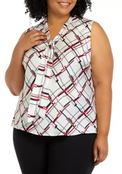 Budget ๐ Kasper Plus Size Sleeveless Tie Front Windowpane Woven Blouse ๐งจ