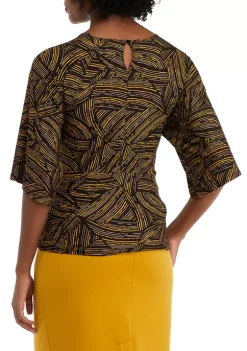 Flash Sale ✔️ Kasper 👩 Women's 3/4 Sleeve Tie Front Abstract Foil Print Top ✔️ -Southern Home Sales Shop Belk 1532