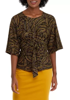 Flash Sale ✔️ Kasper 👩 Women's 3/4 Sleeve Tie Front Abstract Foil Print Top ✔️ -Southern Home Sales Shop Belk 1534