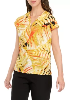 New ✔️ Kasper 👩 Women's Short Sleeve Pleat Neck Floral Knit Top 🔔 -Southern Home Sales Shop Belk 1563