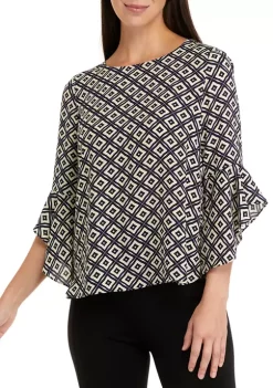 Deals 👏 Kasper 👩 Women's Bell Sleeve Geo Print Woven Blouse 🎉 -Southern Home Sales Shop Belk 1567