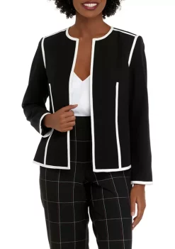 Best Sale 💯 Kasper 👩 Women's Long Sleeve Contrast Piping Open Front Jacket ✔️ -Southern Home Sales Shop Belk 1572