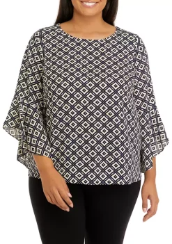 Best Sale 😍 Kasper Plus Size 3/4 Bell Sleeve Geometric Print Blouse 🥰 -Southern Home Sales Shop Belk 1631