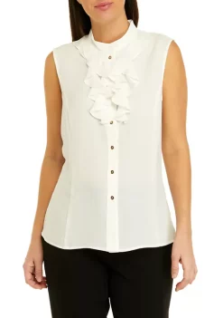 Hot Sale 💯 Kasper 👩 Women's Sleeveless Ruffle Tie Front Solid Blouse 😀 -Southern Home Sales Shop Belk 1682