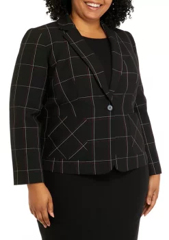Wholesale 🌟 Kasper Plus Size Long Sleeve One Button Windowpane Jacket 😍