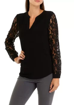 Top 10 🧨 Kasper 👩 Women's Long Sleeve Split Neck Top With Lace Sleeves 💯 -Southern Home Sales Shop Belk 978