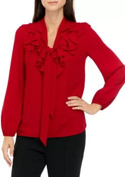 Discount ✔️ Kasper 👩 Women's Long Sleeve Ruffle Tie Front Solid Blouse ⌛