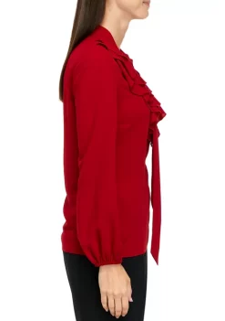 Discount ✔️ Kasper 👩 Women's Long Sleeve Ruffle Tie Front Solid Blouse ⌛ -Southern Home Sales Shop Belk 997